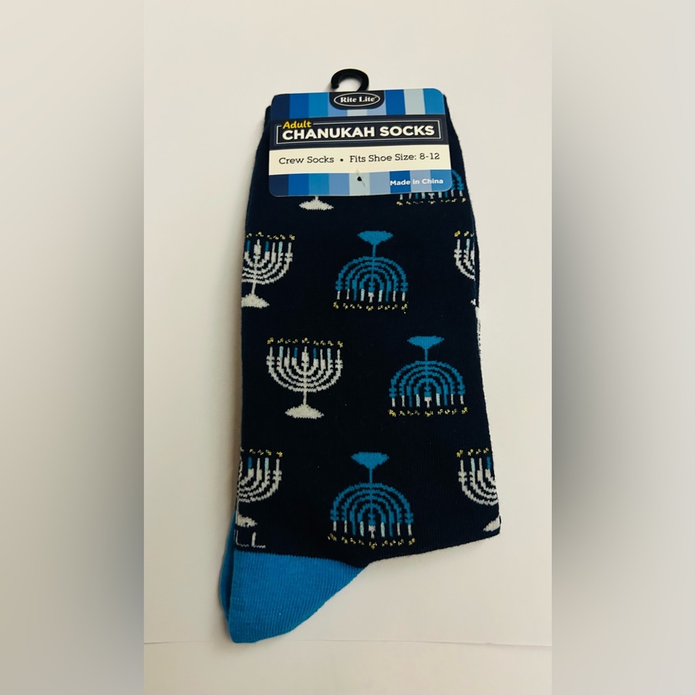 New Adult Men's Chanukah Socks Crew Socks Blue Light Blue White Gold